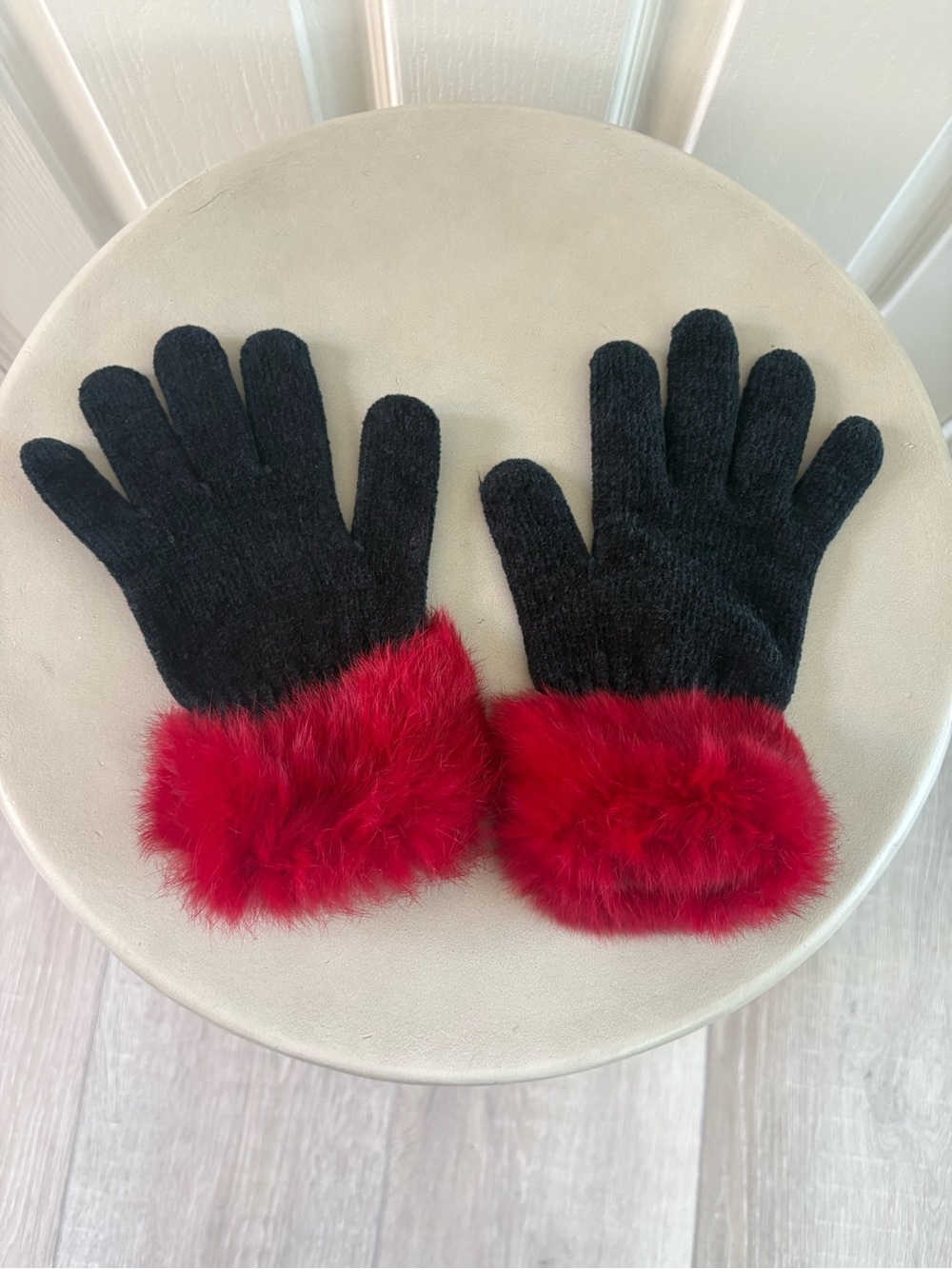 Black And Red Rabbit Fur and Chenille Gloves | OS | Like New